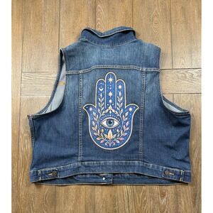 Custom Old Navy XXL Denim Vest Celestial‎ Hamsa Evil Eye Moon Boho OOAK 3160